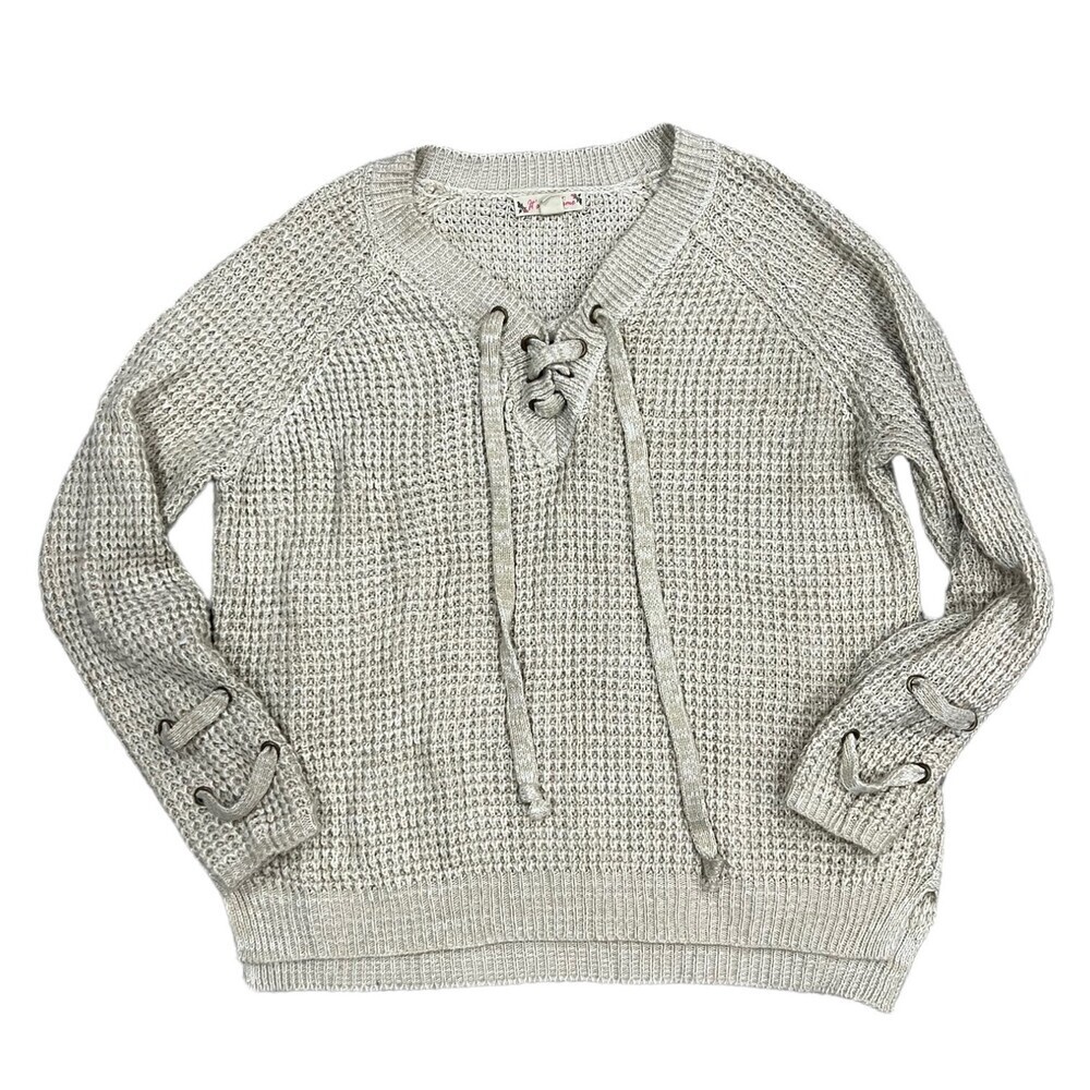 It’s Our Time Oatmeal Waffle Knit Lace Up Sweater L